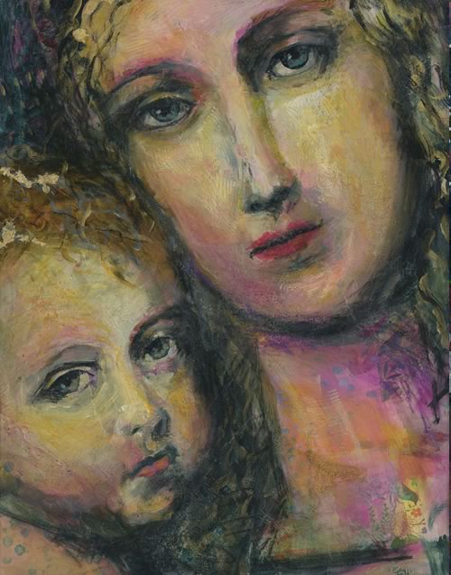 painting of jesus with mary using pinks, orange, gold