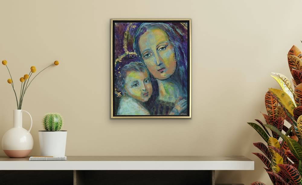 virgin mary catholic arts and gifts hanging on wall above table with plants