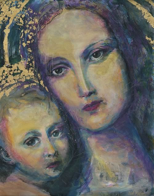 modern painting of mary jesus' mother with gold leaf halo