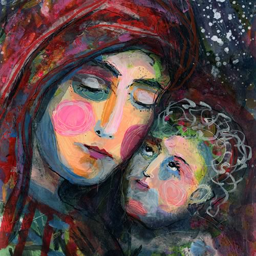 mixed media painting of mary and jesus