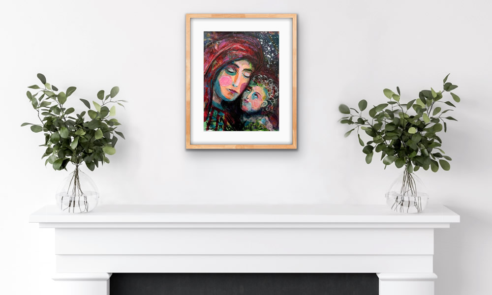 print of mary and jesus hanging above fireplace