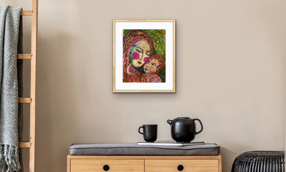 sacred art on wall above teapot and cut for christian home