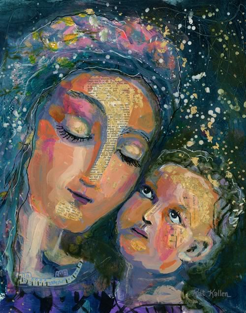 mary and jesus popular christian wall art in blue, gold and orange with layers of paper text