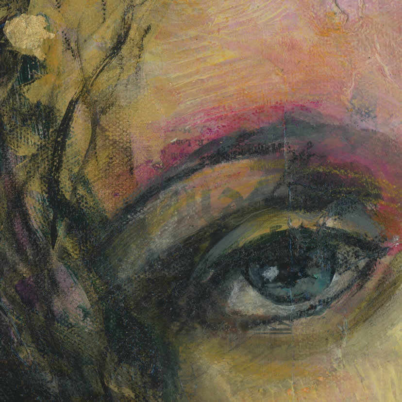 close up of mary, jesus' mother's eye showing layers of paint and collage