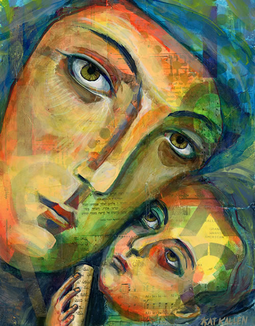 modern iconography of mary, jesus' mother with layers of collage and paint