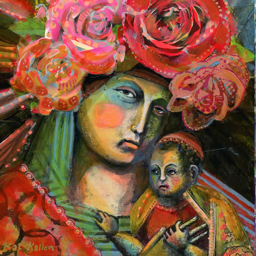 jesus with mary iconography colorful flowers as crown 