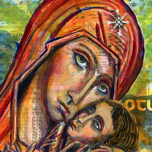  vibrant painting of mary and jesus with gold and orange colors