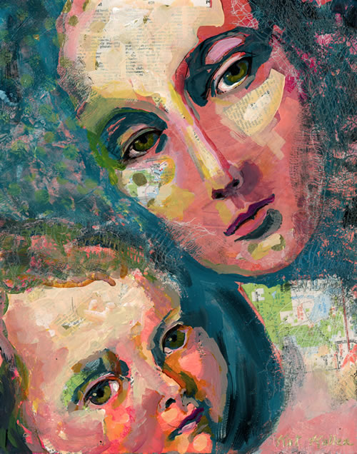 face of mary and jesus layers of paint and book pages